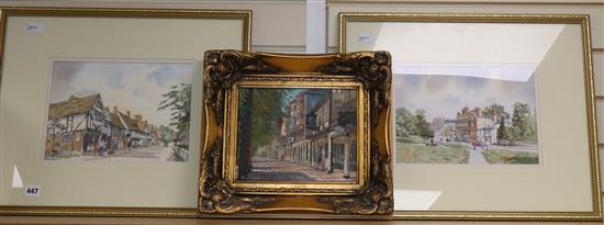 Richard Temple (20th century), The Pantiles, Tunbridge Wells, oil on canvas and two watercolours of Kent by Valerie Sadler